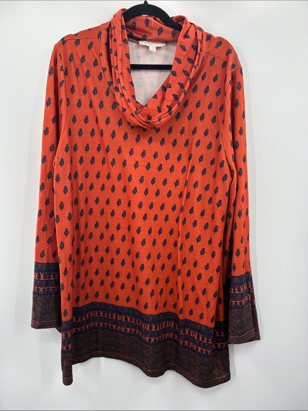 Suzanne Betro Orange Long Sleeve Cowl Neck Top with Navy Print size XL